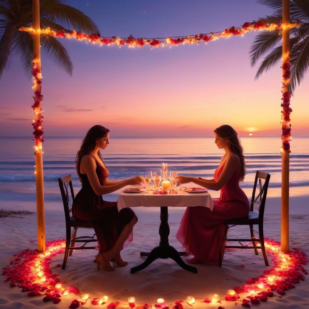 A couple sitting at a beautifully set candlelit dinner table by a serene beach, holding hands and gazing into each other's eyes, with a vibrant sunset in the background. Surroundings include fairy lights, scattered rose petals, and a violinist playing nearby. super-realistic. vibrant colors. romantic ambiance.