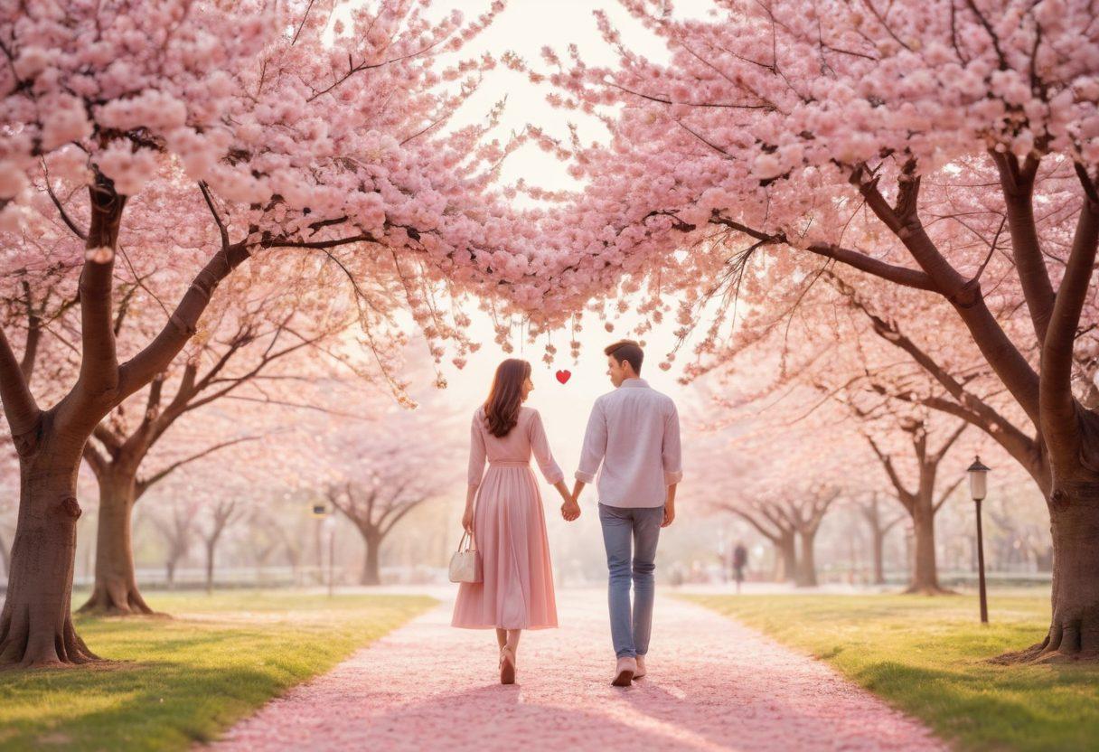 A loving couple holding hands under a canopy of cherry blossoms, their faces lit with joy and warmth, surrounded by subtle heart-shaped icons that symbolize affection, with soft pastel colors enhancing the romance. painting. vibrant colors. dreamy atmosphere.
