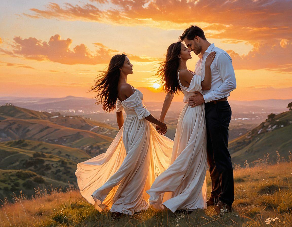 A couple standing on a scenic hilltop during sunset, embracing passionately while holding hands, with soft, flowing clothing that catches the breeze. The background contains a gentle blend of warm colors with the sun setting just behind them. Around them, subtle symbols of intimacy like a heart and couples’ silhouettes can be seen faintly in the sky. painting, romantic, warm tones, soft lighting.